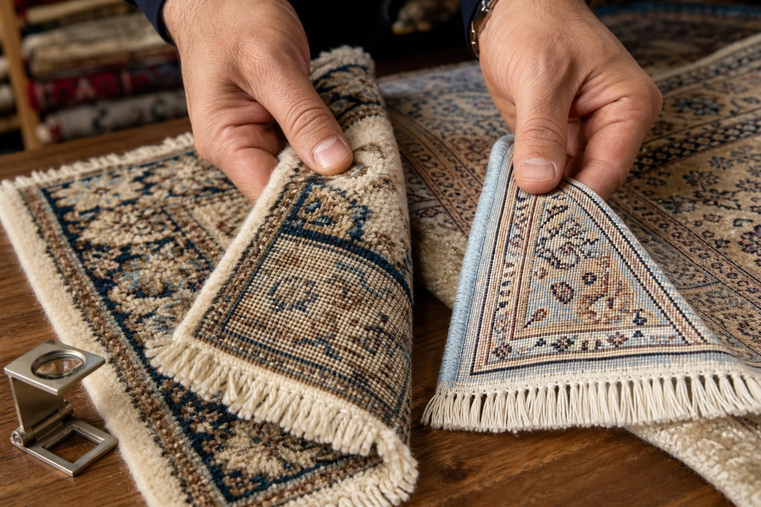 Genauer Vergleich handgeknüpfter Teppiche aus Wolle und Seide mit Flor, Rückseite, Knoten und Fransen
