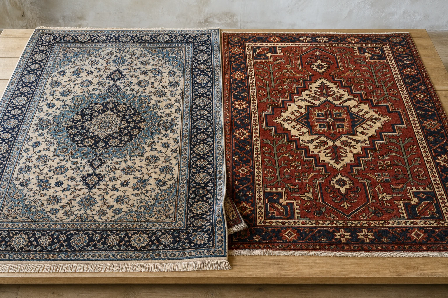 Vergleich eines feinen persischen Teppichs im Stadtstil in Blau und Elfenbein mit einem kräftigen roten Teppich mit einem eckigen geometrischen Medaillon