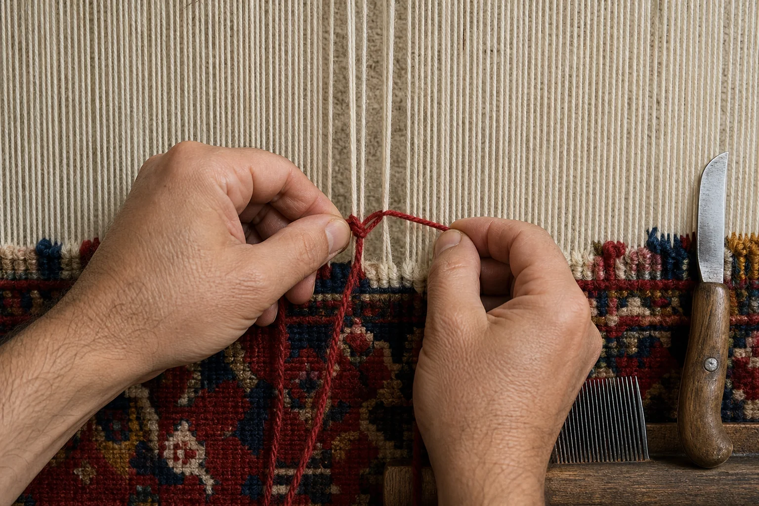 Nahaufnahme von Händen, die einen roten Wollknoten um die Baumwollkette eines Perserteppichs binden