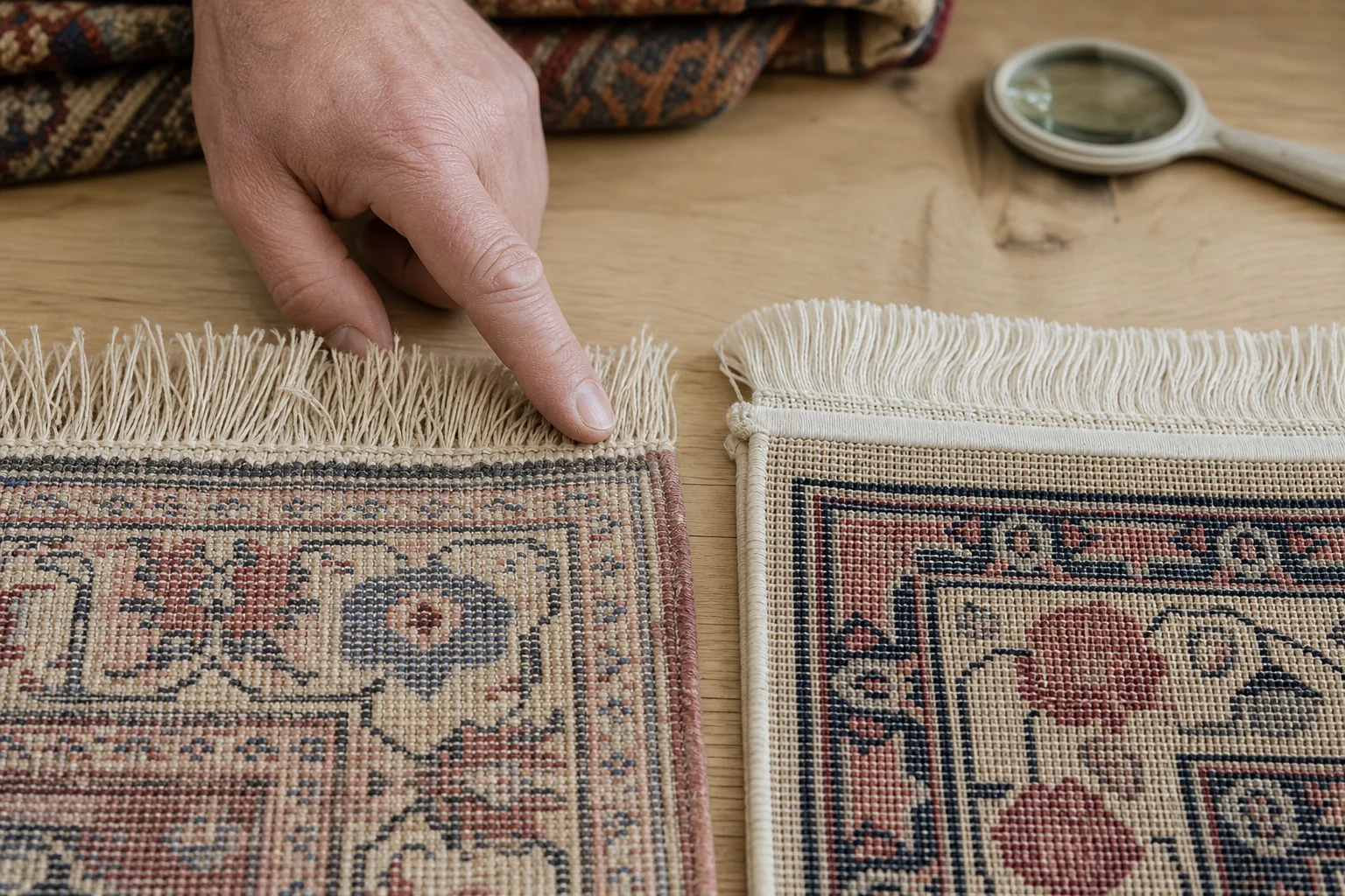 Die Kehrseite eines handgeknüpften Teppichs im Vergleich zur regulären Konstruktion einer maschinell hergestellten Imitation