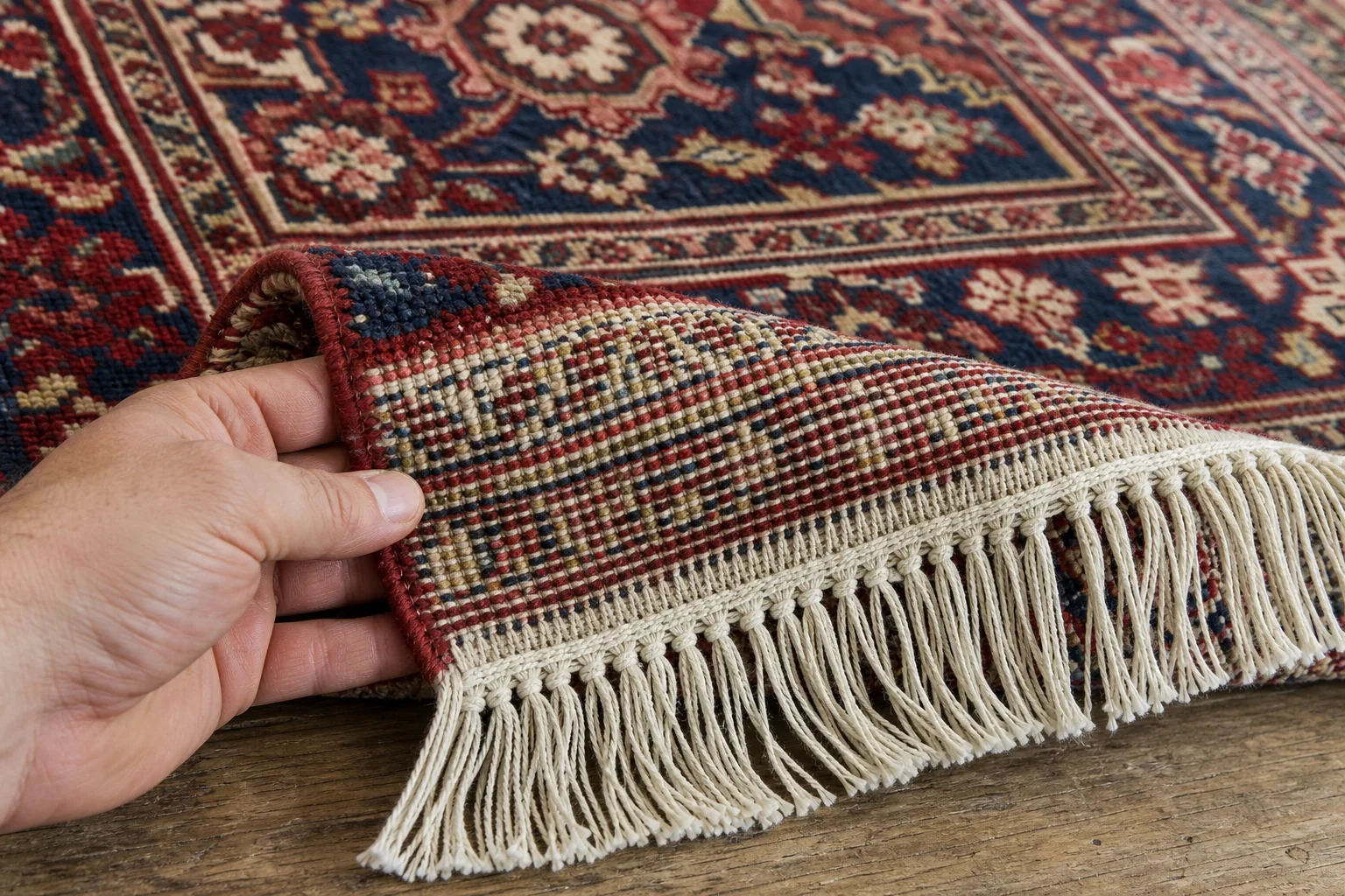 Abgehobene Ecke eines handgeknüpften Teppichs mit Wollflor, Knotenreihen auf der Rückseite und Baumwollkette, die bis in die Fransen reicht