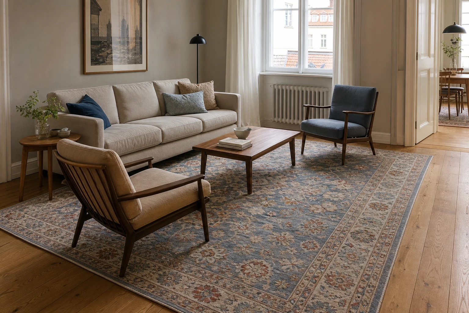 Ein handgeknüpfter Teppich im richtigen Maßstab verbindet das Sofa und zwei Sessel, indem er deren Vorderbeine in einer Sitzgruppe stützt