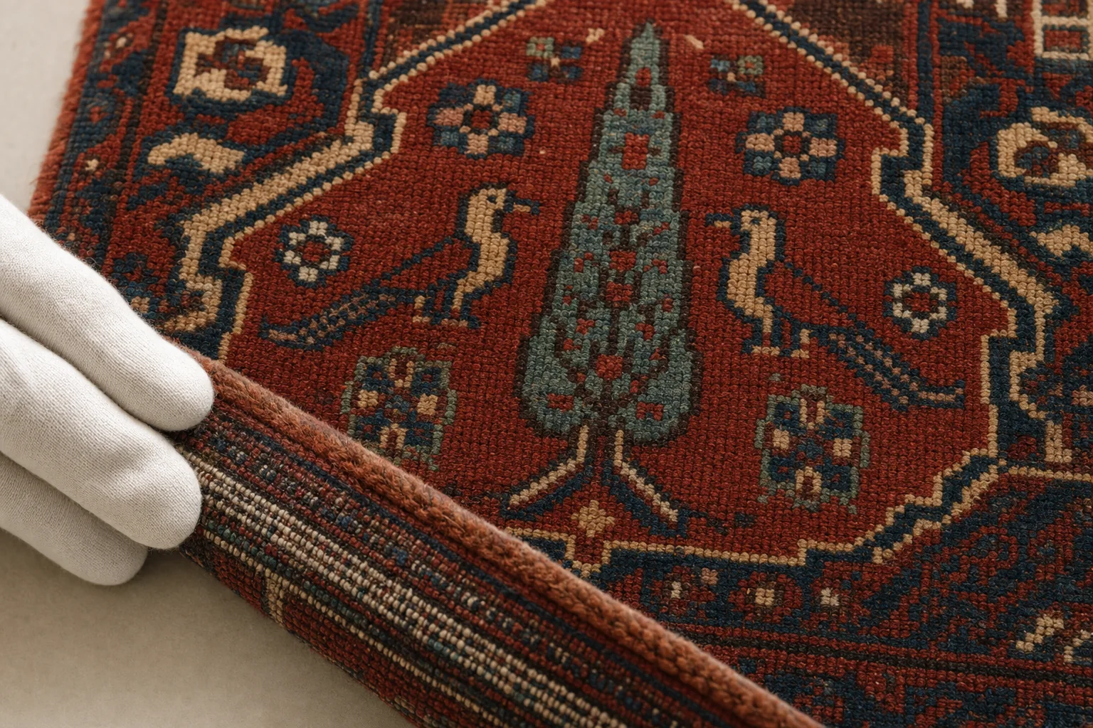 Detail eines handgeknüpften Teppichs mit stilisierter Zypresse, Vögeln und Blumen; Der angehobene Rand offenbart die geknotete Konstruktion