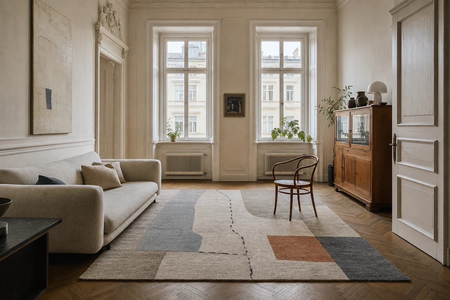 Ein moderner, abstrakter handgeknüpfter Teppich in einem historischen Prager Interieur mit Gipsleisten und Parkettboden