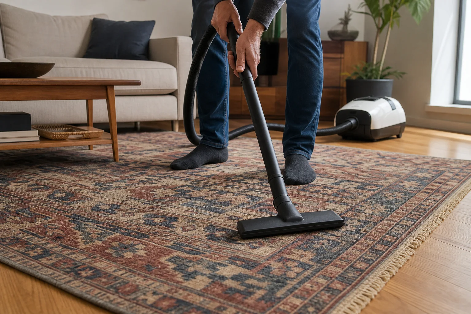 Sanftes Staubsaugen eines handgeknüpften Wollteppichs mit einer glatten, reinen Saugdüse, die von den Fransen ferngehalten wird