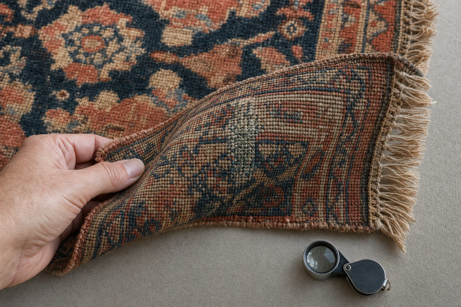 Genaue professionelle Inspektion von Flor, Rückseite, Knoten, Kante, Fransen und einer älteren Reparatur an einem alten handgeknüpften Teppich