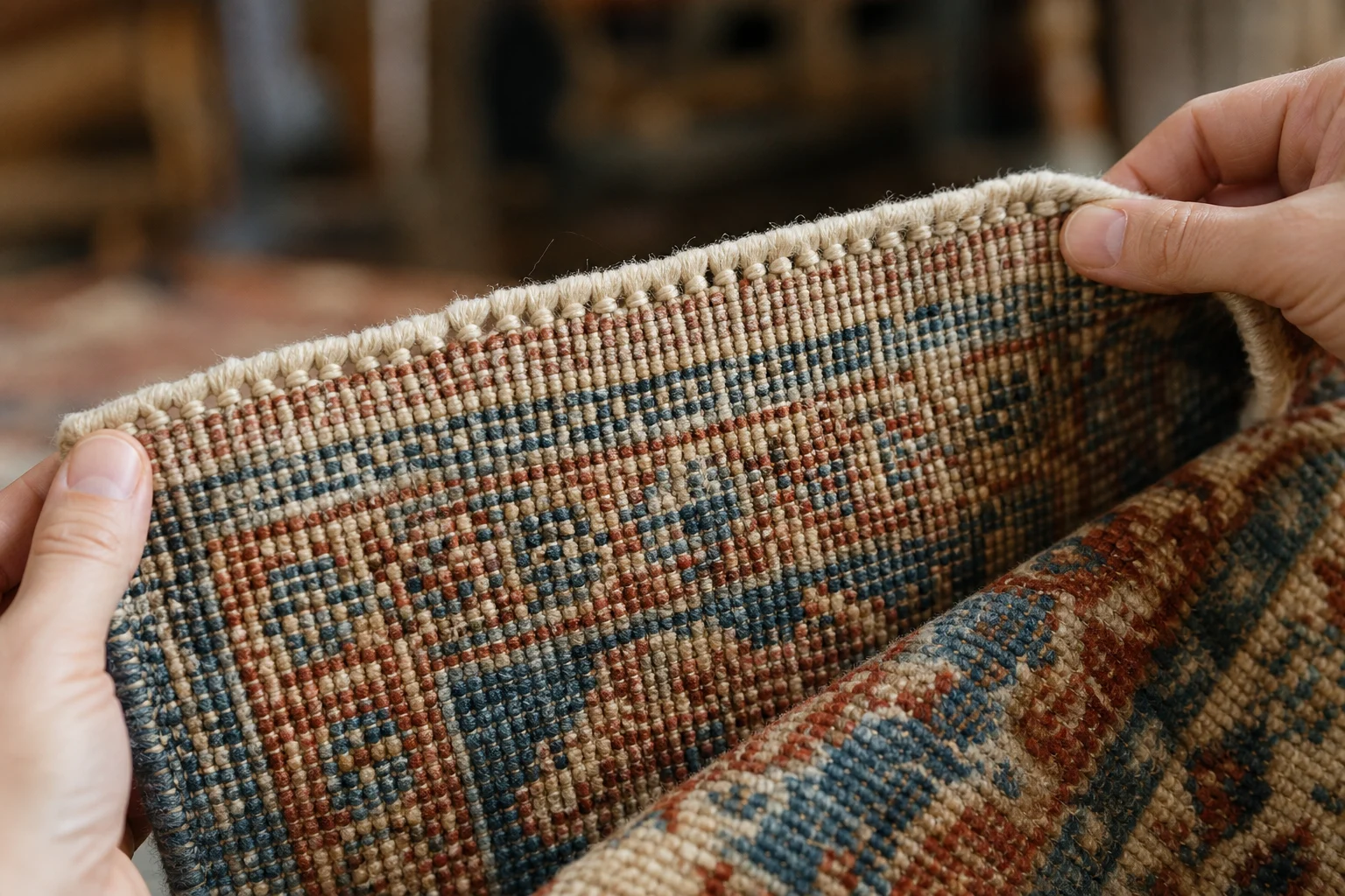 Nahaufnahme der Rückseite eines handgeknüpften Teppichs mit sichtbaren Knoten und Kettchen