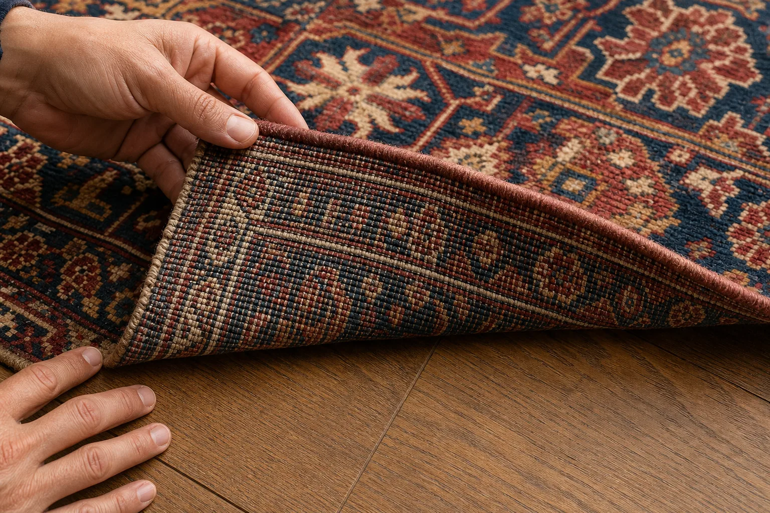 Genauer Vergleich von Flor, Seitenkante und Rückseite mit sichtbaren Knotenreihen auf einem handgeknüpften Perserteppich