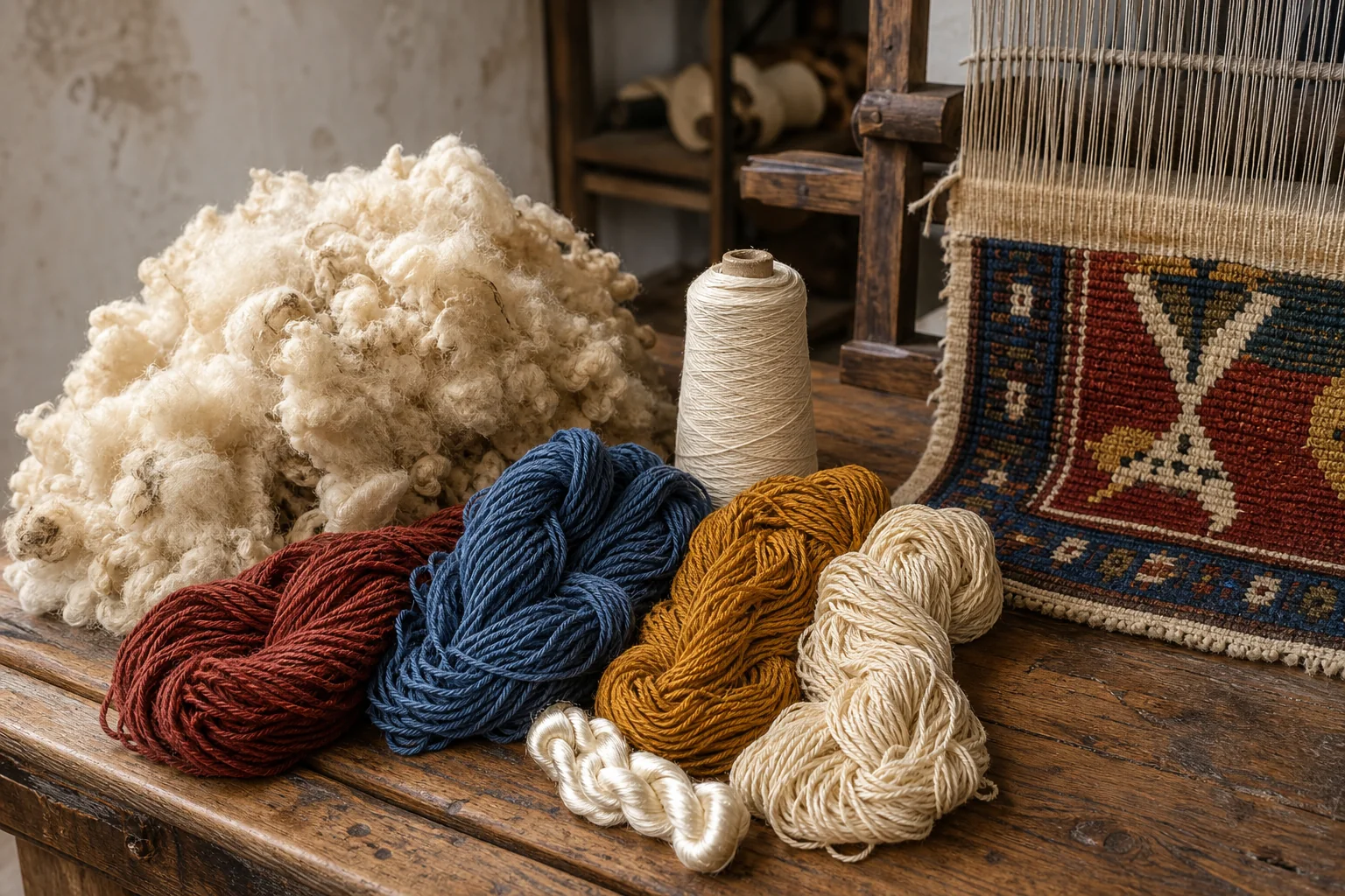 What materials are used to make hand-knotted rugs?