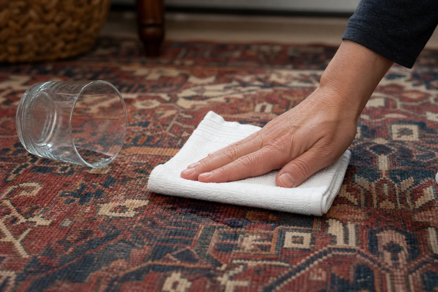 Tupfen Sie frisch verschüttetes Wasser vorsichtig mit einem sauberen weißen Baumwolltuch von einem handgeknüpften Teppich ab
