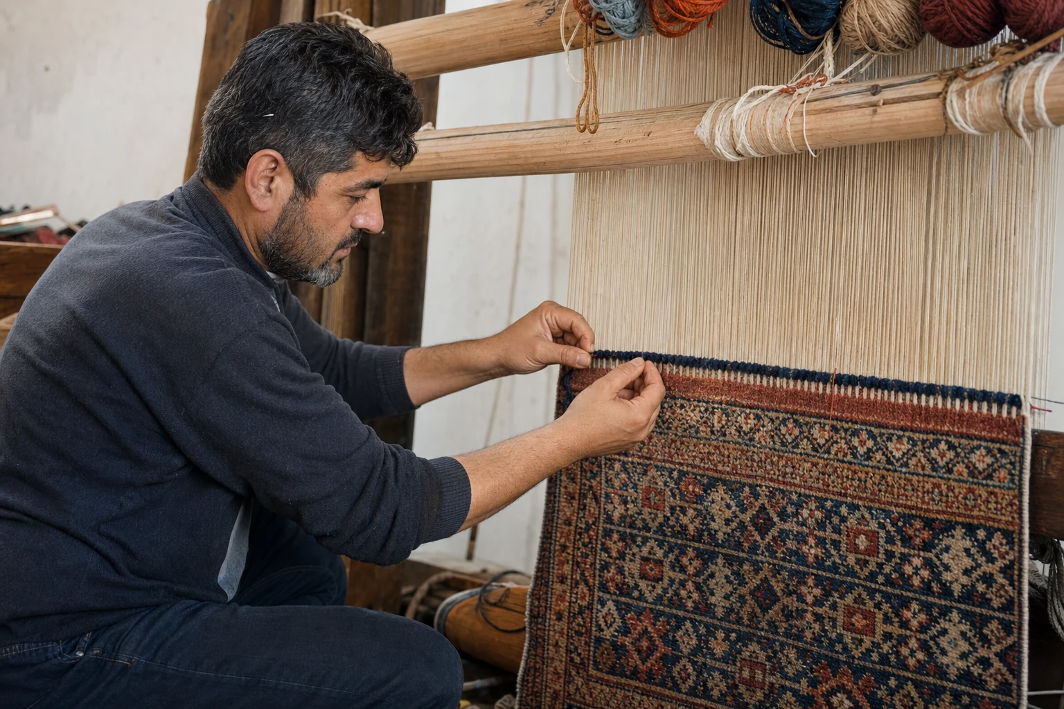Ein Kunsthandwerker bindet auf einem vertikalen Webstuhl eine Reihe Wollflorknoten auf die gespannte Kette eines traditionellen Teppichs