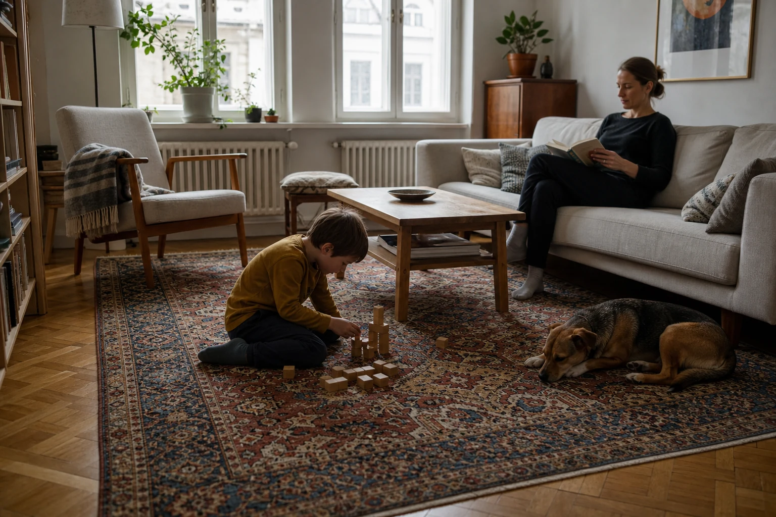 Ein hochwertiger handgeknüpfter Wollteppich in einem alltäglichen Familienwohnzimmer mit einem Kind und einem ruhenden Hund