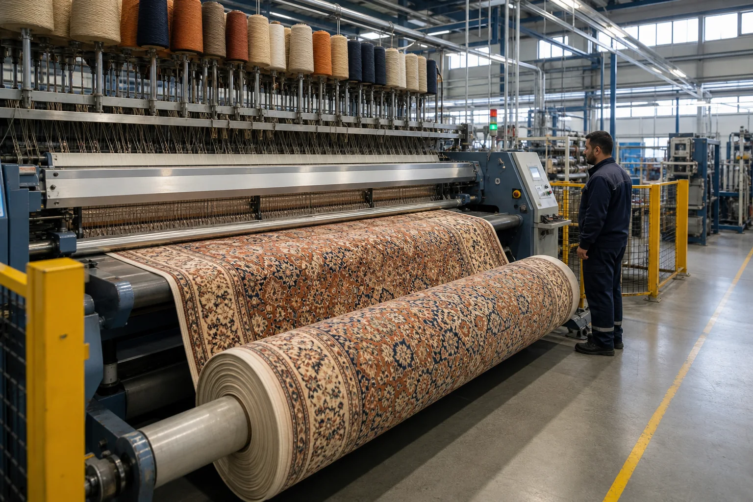 Eine moderne automatisierte Produktionslinie erzeugt ein wiederholbares Teppichmuster in industrieller Breite und Größe