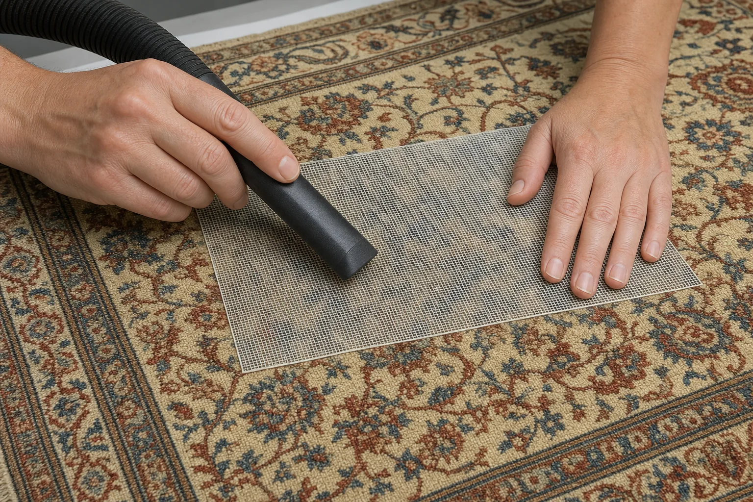 Ein Restaurator saugt einen handgeknüpften Seidenteppich vorsichtig durch ein Schutzsieb mit geringer Saugkraft ab