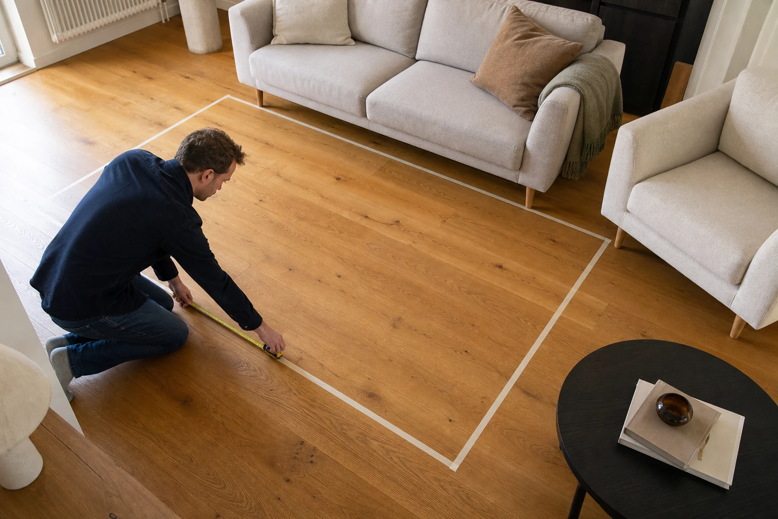 Ein Mann markiert mit Klebeband und Maßband den geplanten Umriss eines großen Teppichs vor Sofa und Sessel
