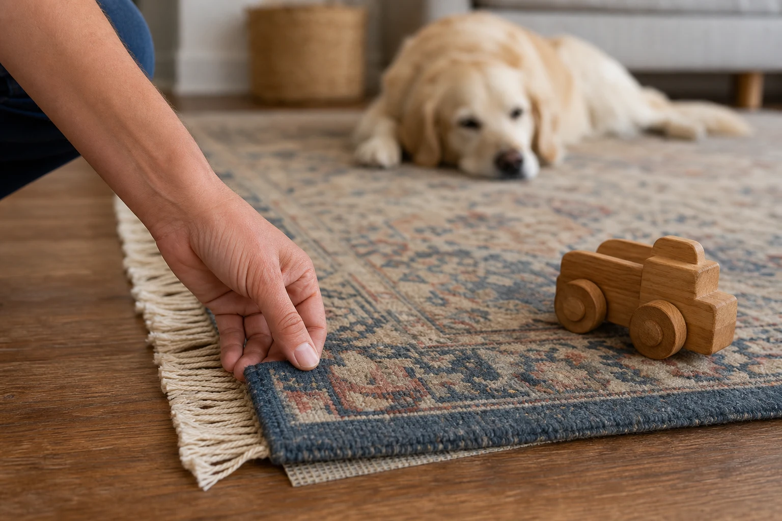 Nahaufnahme eines handgeknüpften Wollteppichs mit flacher Kante, Fransen abseits des Fußgängerverkehrs, ein Holzspielzeug und ein ruhiger Hund im Hintergrund
