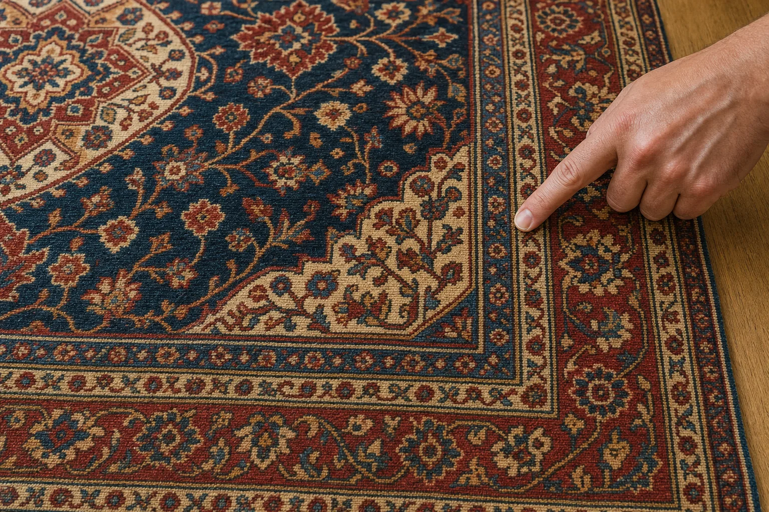 Nahansicht eines Perserteppichs mit zentralem Medaillon, Eckstück, Blumenfeld und mehreren Randbändern